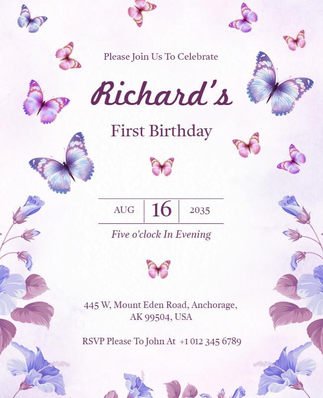 Butterfly Theme First Birthday Celebration Flyer Template