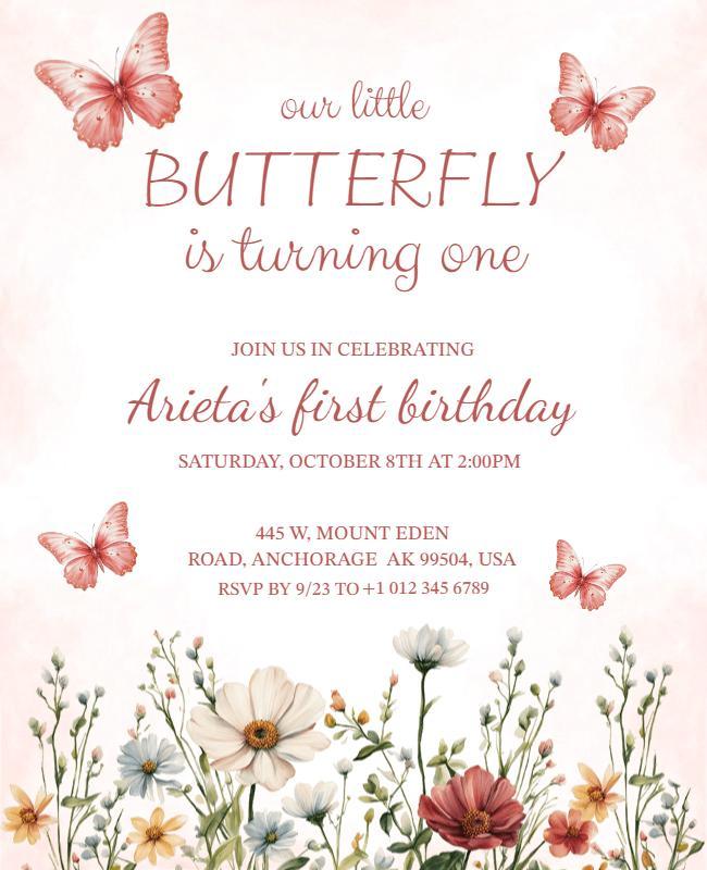 Butterfly Themed First Birthday Invitation Flyer Template