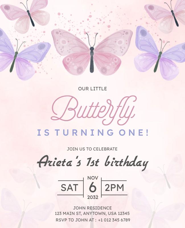 Butterfly Themed First Birthday Invitation Flyer Template