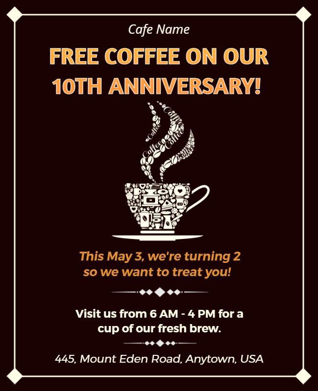 Cafe Anniversary Free Coffee Promotion Flyer Template