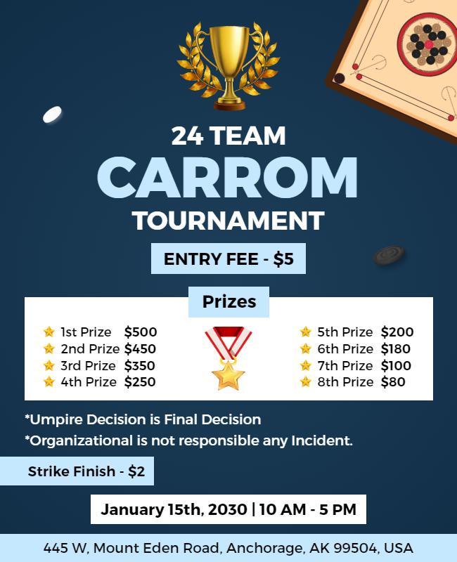 Carrom Tournament Event Flyer with Prize Details Template