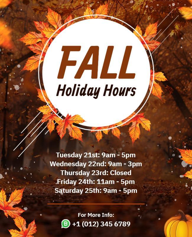 Fall Themed Holiday Hours Announcement Flyer Template