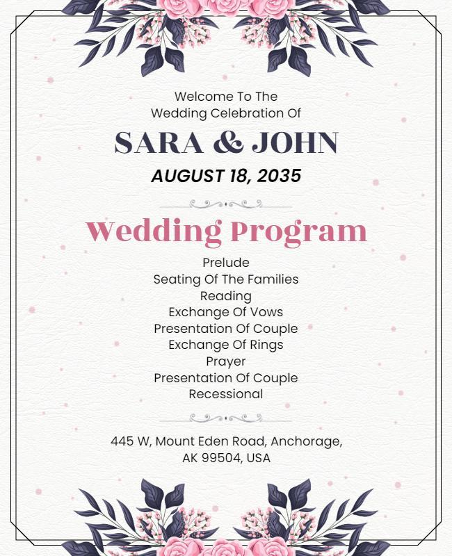 Floral Wedding Celebration Program Flyer Template