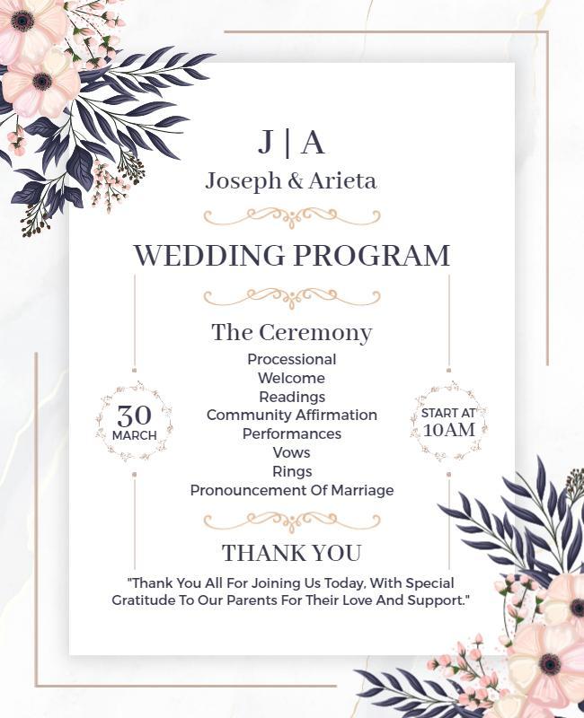 Floral Wedding Ceremony Program Flyer Template