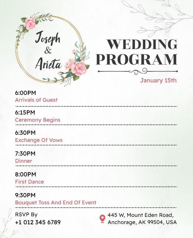 Floral Wedding Program Schedule Flyer Template