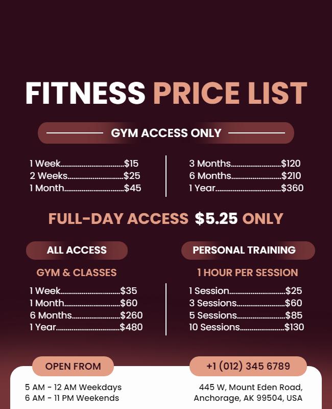 Gym Membership and Training Price List Flyer Template