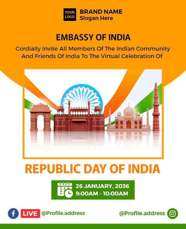 Indian Republic Day Virtual Celebration Flyer Template