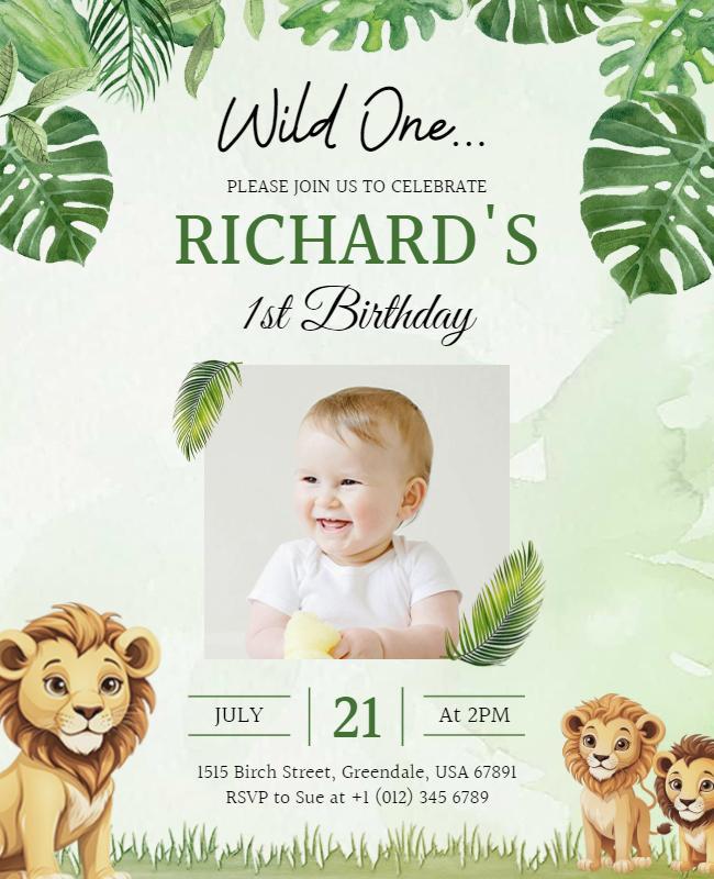 Jungle Theme First Birthday Celebration Flyer Template