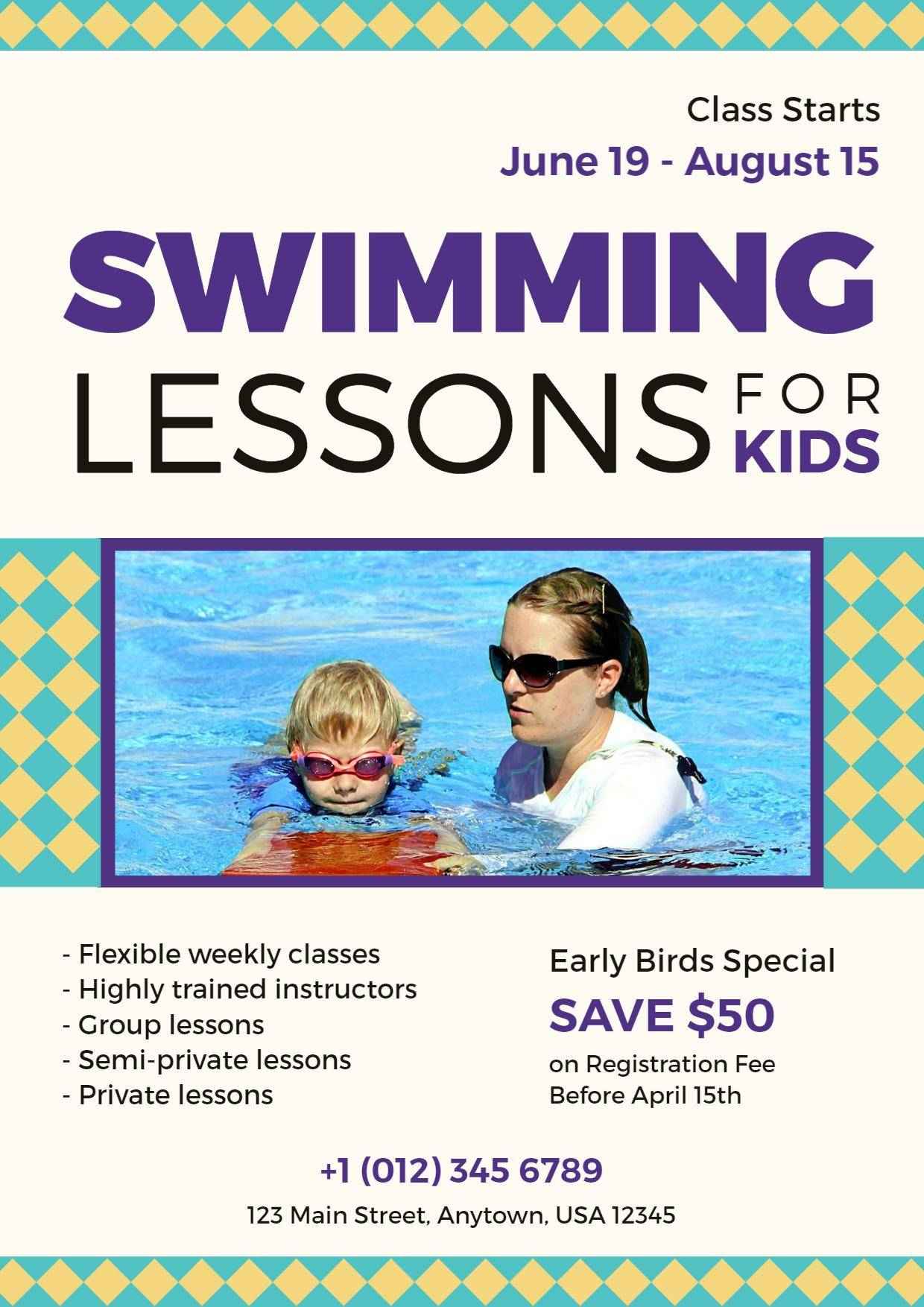 Kids Swimming Lessons Promotional A4 Flyer Template