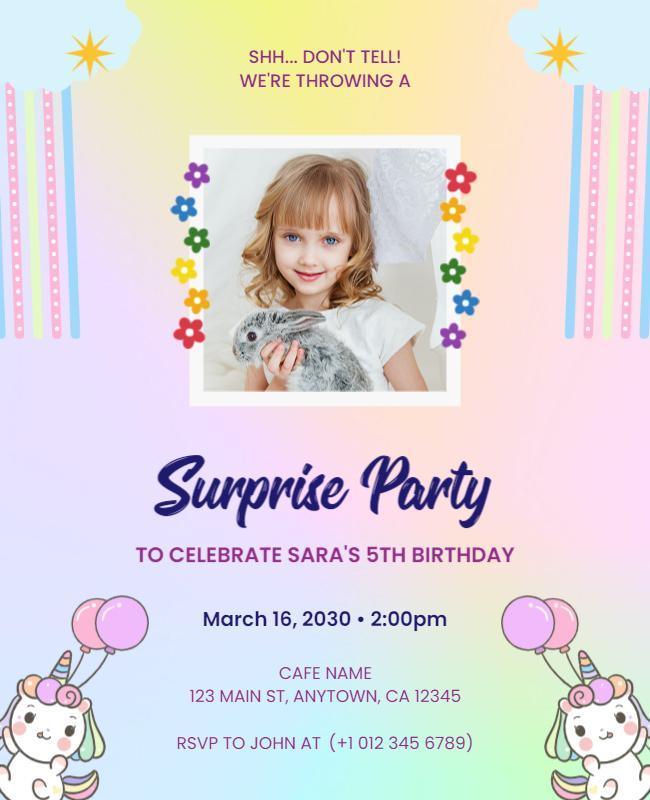 Kids Unicorn Surprise Birthday Party Flyer Template