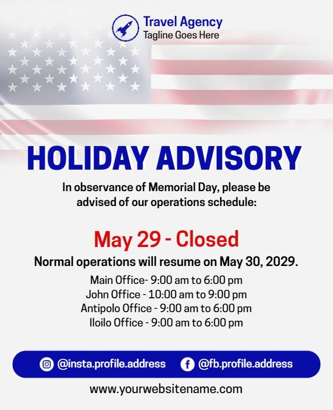 Memorial Day Holiday Advisory Flyer Template