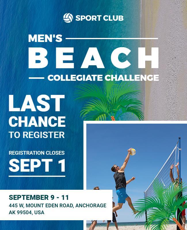 Mens Beach Volleyball Collegiate Challenge Flyer Template