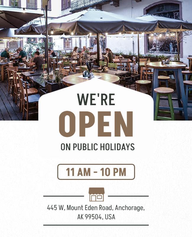 Open Restaurant Public Holidays Operating Hours Flyer Template