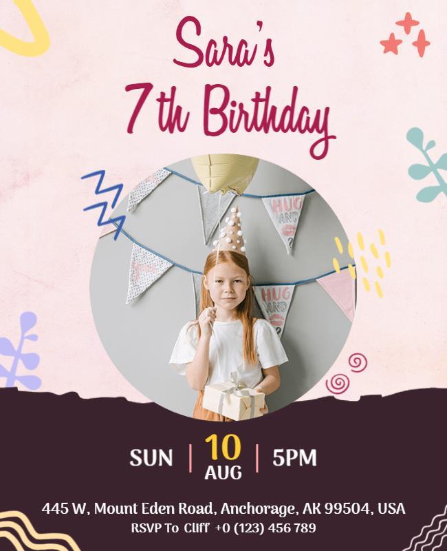 Pink and Brown 7th Birthday Flyer Template