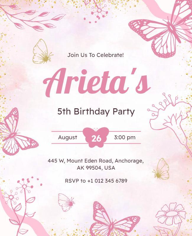 Pink Butterfly Birthday Party Invitation Flyer Template