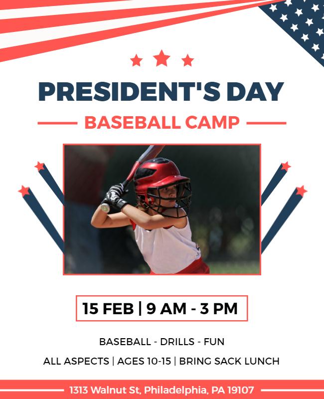 Presidents Day Youth Baseball Camp Flyer Template