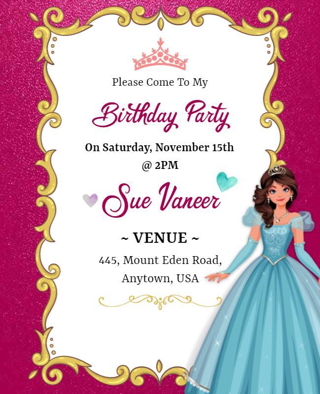 Princess Theme Childrens Birthday Party Flyer Template