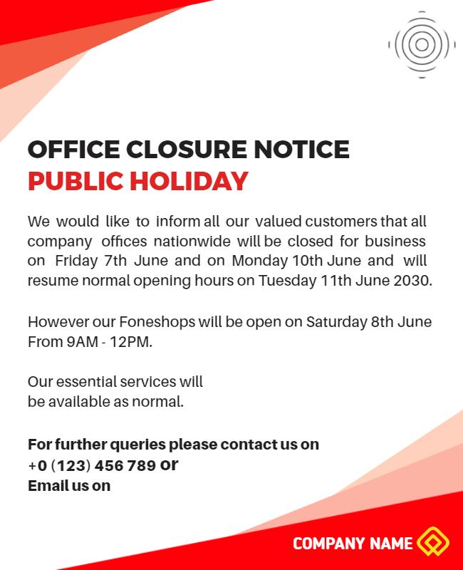 Public Holiday Office Closure Notice Flyer Template