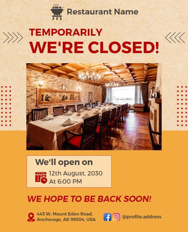 Restaurant Temporary Closure Announcement Flyer Template