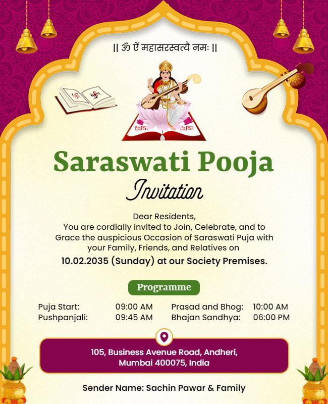 Saraswati Pooja Invitation Event Flyer Template