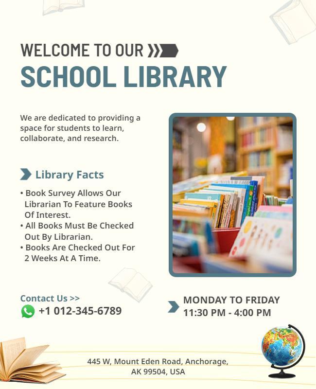 School Library Information and Hours Flyer Template