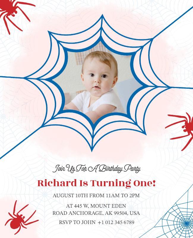 Spider Themed First Birthday Party Flyer Template