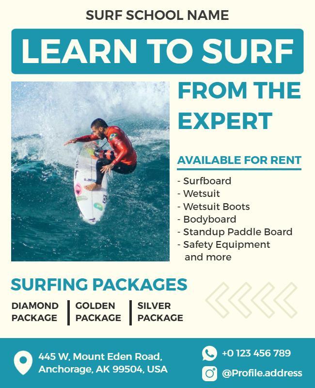 Surf School Lessons and Equipment Flyer Template