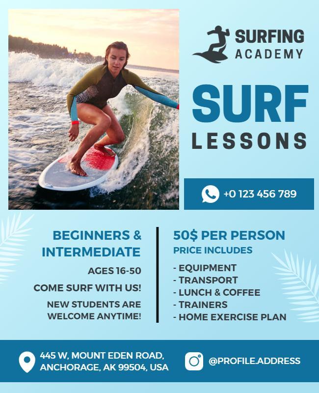 Surfing Academy Lessons Promotional Flyer Template