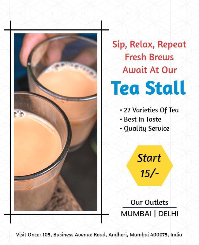 Tea Stall Promotion Flyer with Fresh Brews Details Template