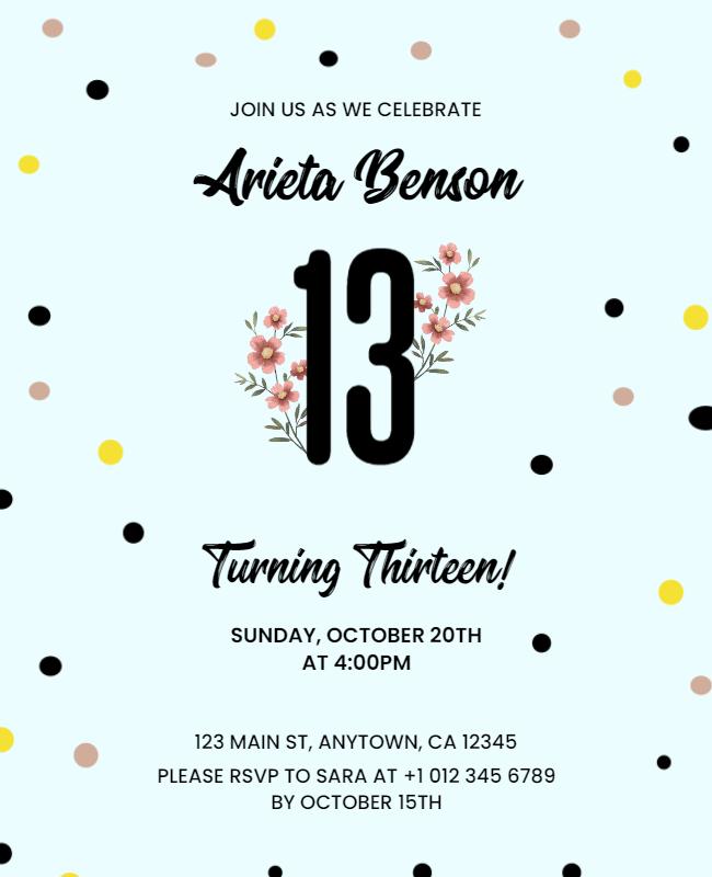 Thirteenth Birthday Celebration Invitation Flyer Template