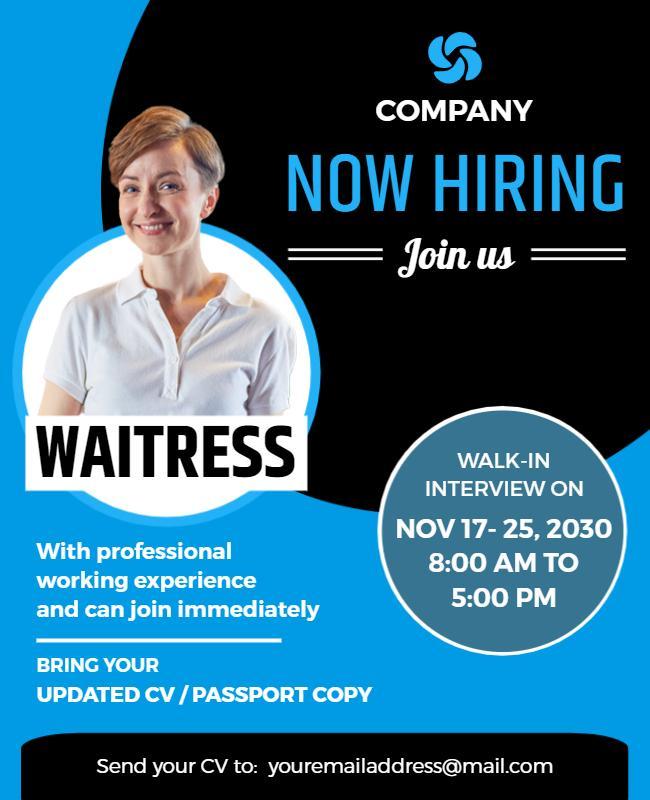 Waitress Job Vacancy Walk in Interview Flyer Template