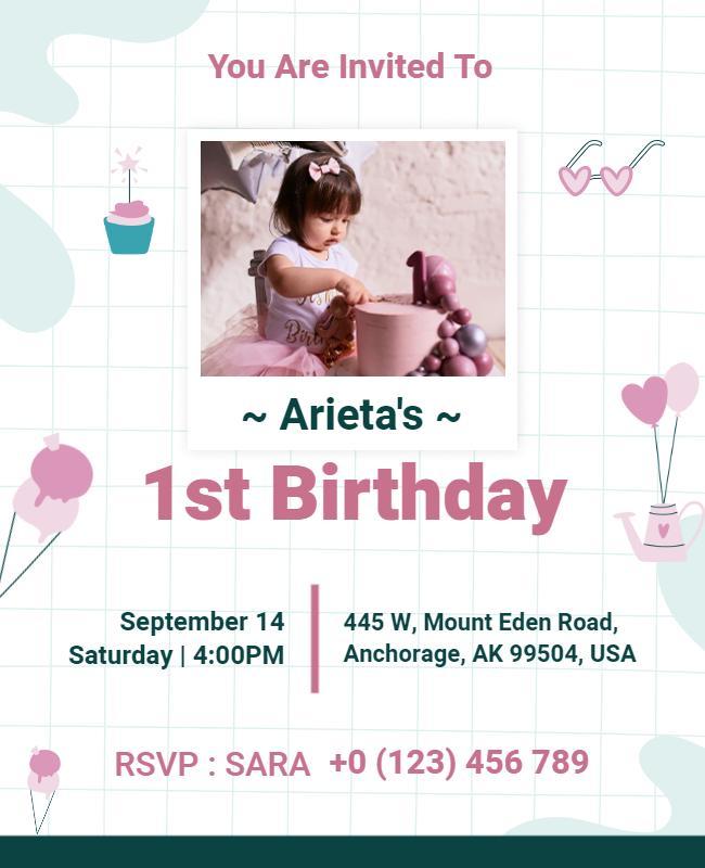 White and Green 1st Birthday Party Invitation Flyer Template