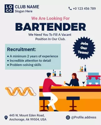 Bartender Hiring Club Recruitment Flyer Template