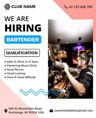 Hiring Bartender Job Opportunity Flyer Template