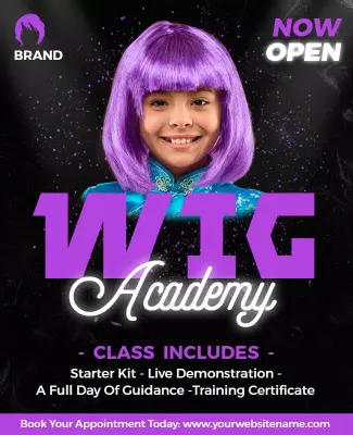 Vibrant Purple Wig Academy Training Classes Flyer Template
