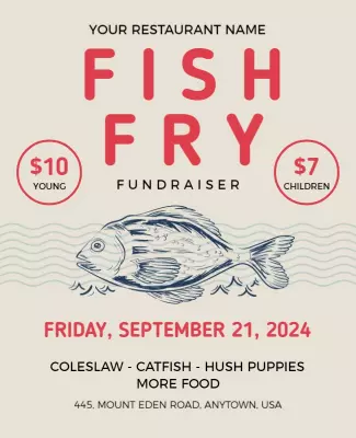 Whimsical Seafood Illustration for Fish Fry Fundraiser Flyer Template